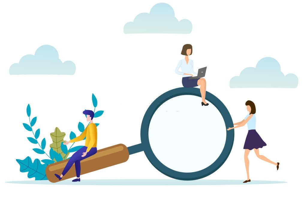 Vector illustration.People near a large magnifying glass.The concept of the search for web pages search human resources.
